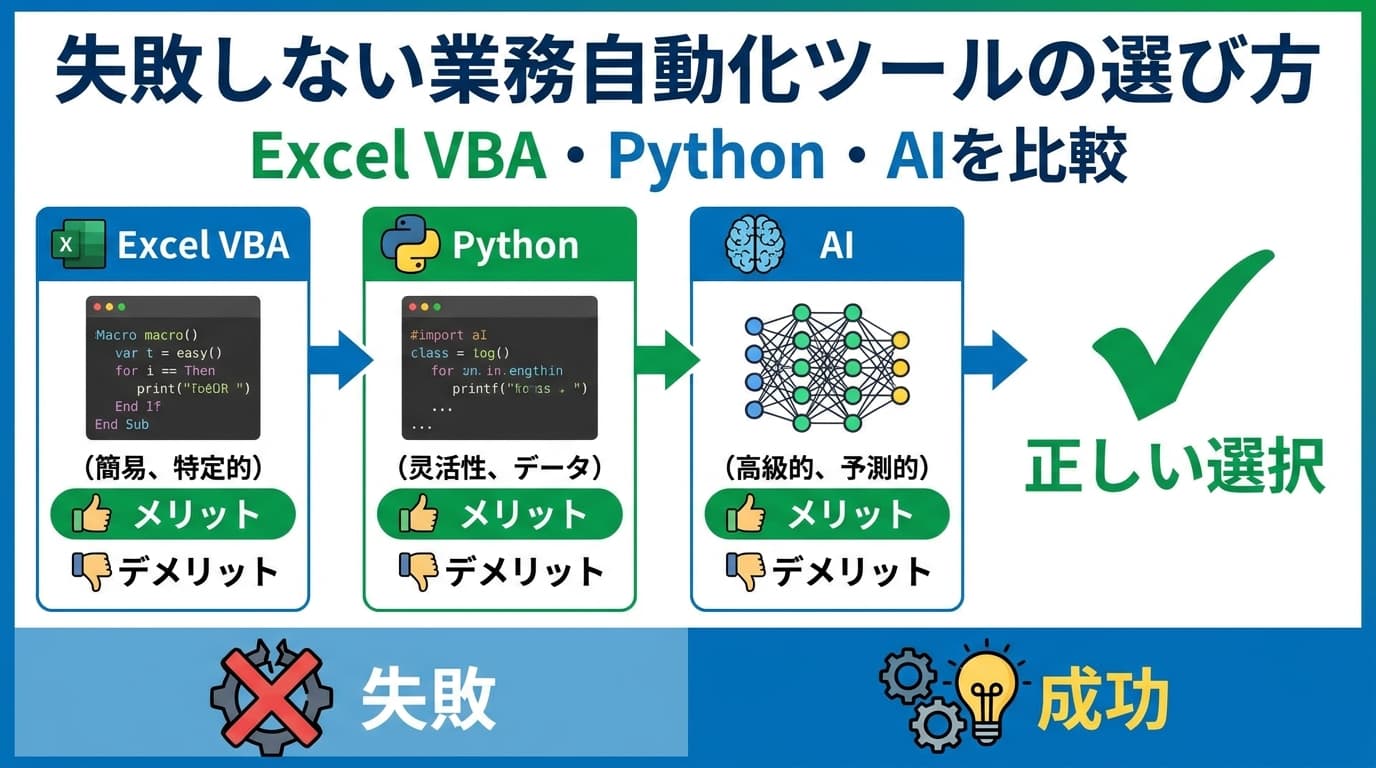 【2026年版】業務自動化はRPA・Python・VBAどれを選ぶ?違い比較と使い分け6選