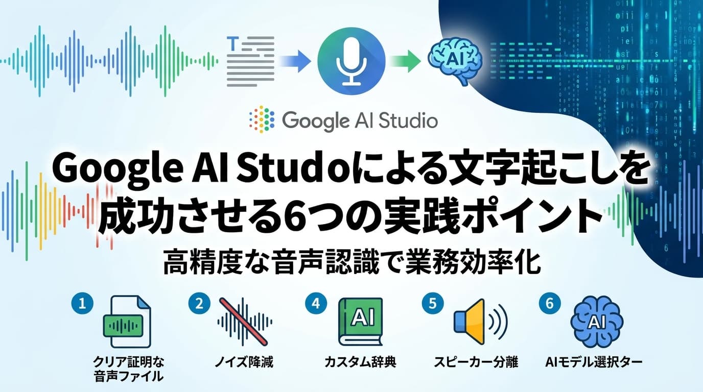 Google AI Studio 文字起こしの実践ガイド|Gemini 2.5 で無料9.5時間まで音声認識する6つのコツ【2026年版】