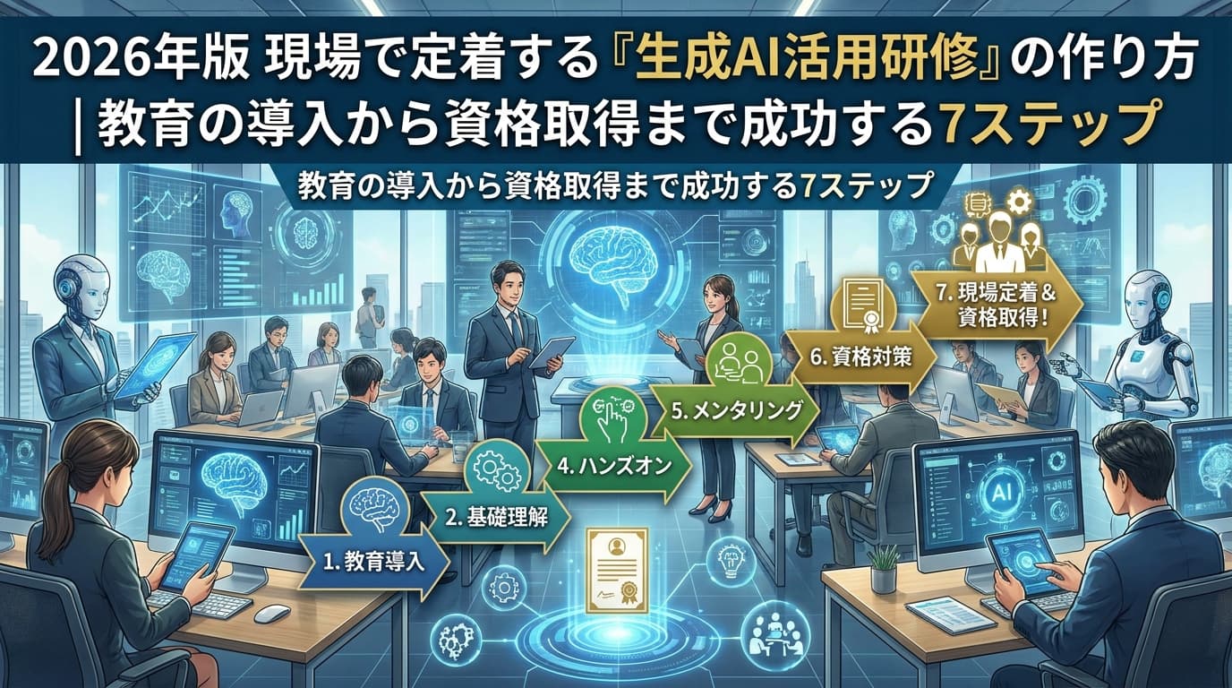 【2026年版】現場で定着する「生成AI活用研修」の作り方|教育の導入から資格取得まで成功する7ステップ
